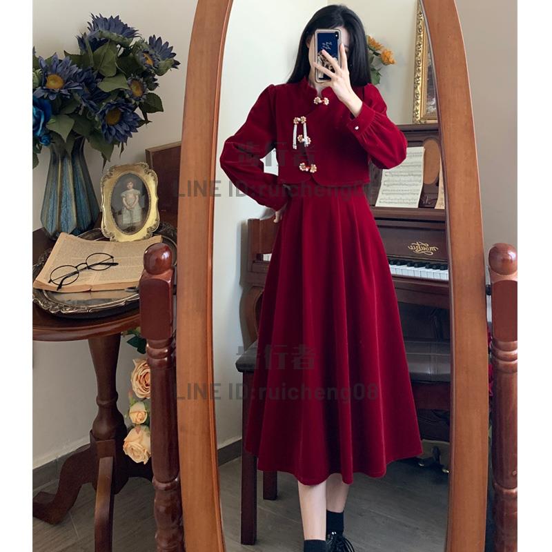 大碼冬季高階感新中式國風旗袍改良紅色敬酒服內搭禮服絲絨連衣裙【步行者戶外生活館】