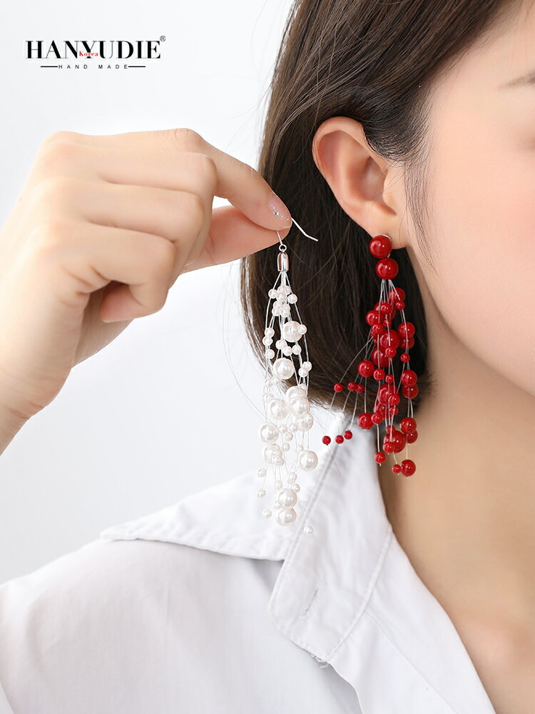 耳環新款潮珍珠耳墜女流蘇紅色耳飾小眾設計感高級