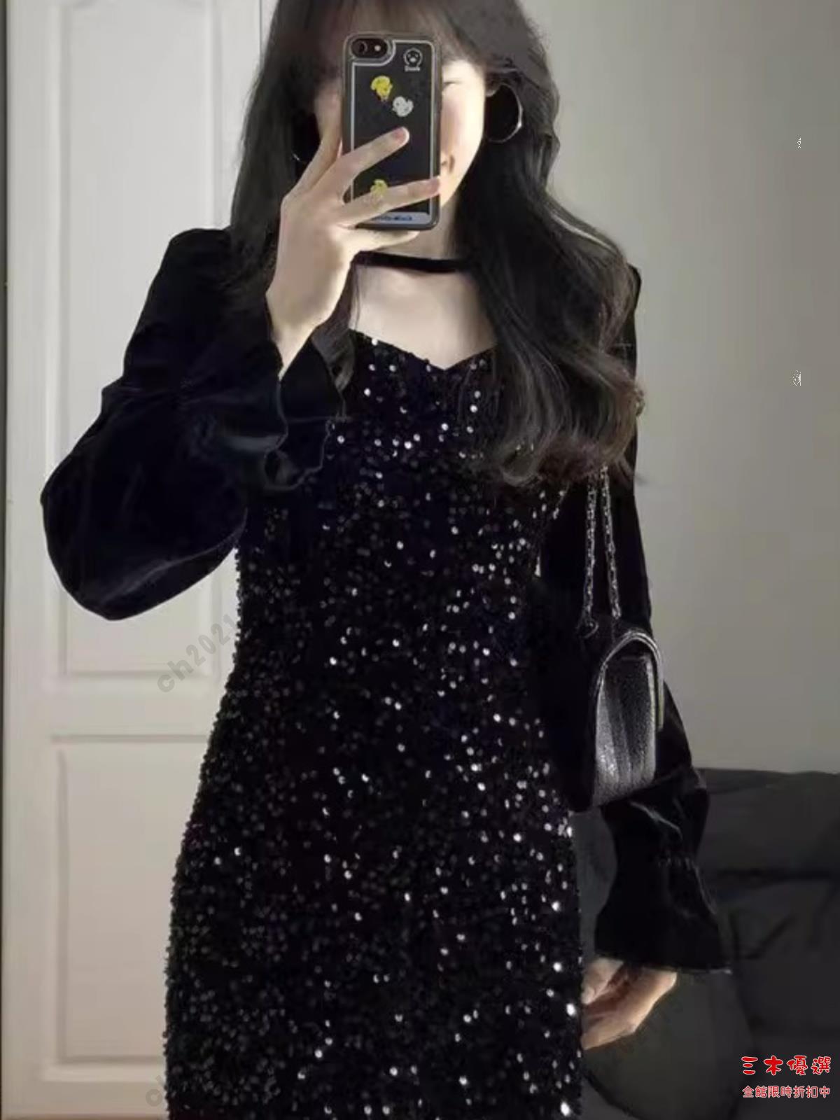 尾牙禮服 洋裝 法式黑色亮片絲絨魚尾連衣裙女秋冬高階感輕奢氣質生日派對禮服裙交換禮物 三木優選