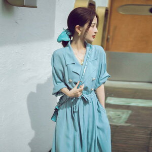 韓系西裝款式天藍連身洋裝