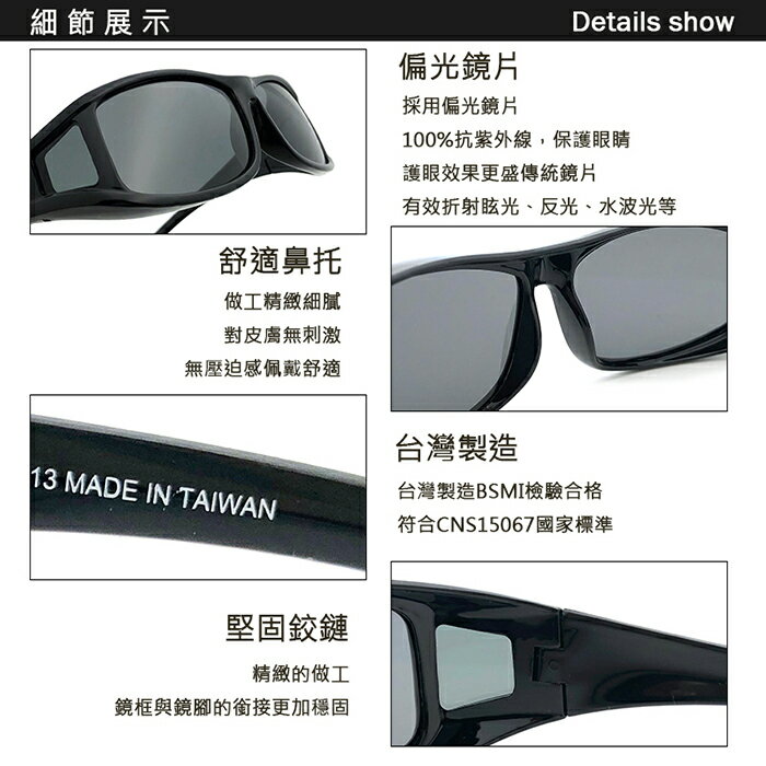 MIT台灣製-Polarized偏光太陽眼鏡(可套式) 經典霧黑/亮黑 近視套鏡 抗紫外線UV400 偏光鏡片 防眩光 防反光 3