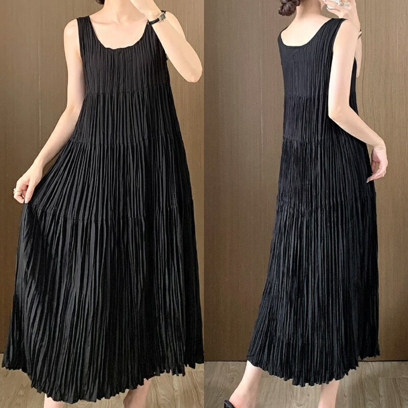 【巴黎精品】現貨+預購 三宅風皺褶衣服洋裝-無袖摺衣壓褶針織內搭吊帶打底長款折衣女裙子a1jq98