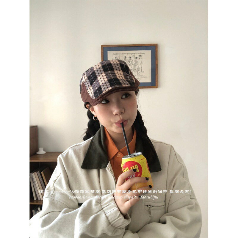 【棕色格子】復古格紋燈芯絨前進帽秋冬文藝百搭鴨舌帽大頭圍帽子