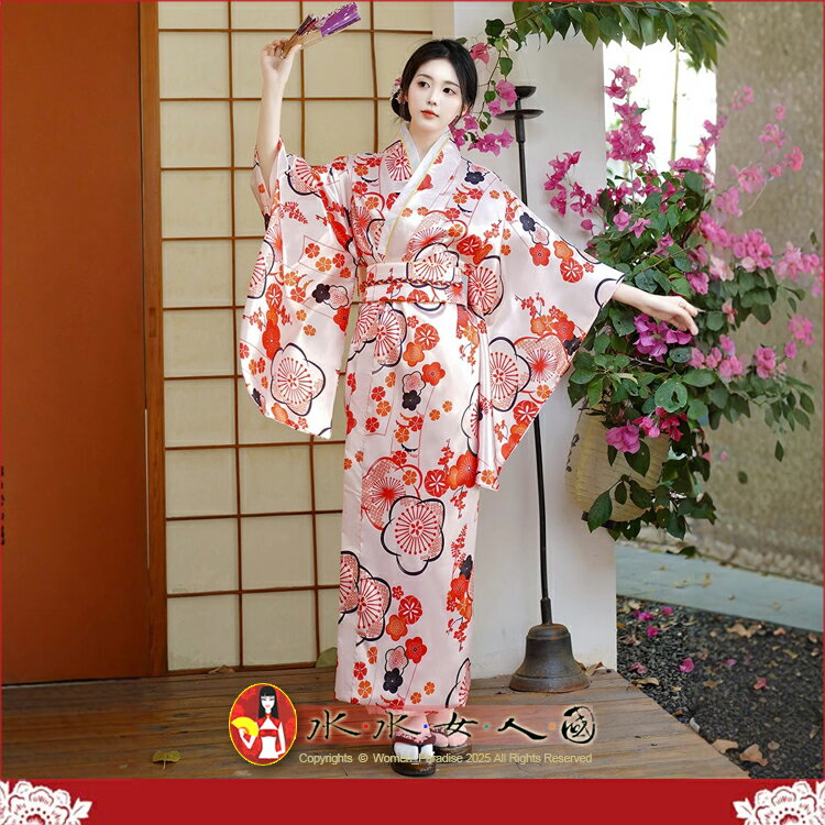 熱賣爆款！日式綢緞和服浴衣睡袍，復古印花，東瀛和服風，少女寫真舞台表演必備｜粉色櫻花｜水水女人國