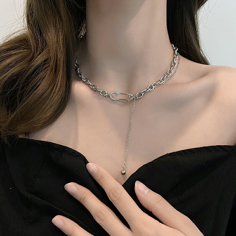 閃鉆2件套~鑲鉆雙層別針項鏈小眾設計感珍珠鎖骨鏈同款耳環輕奢女
