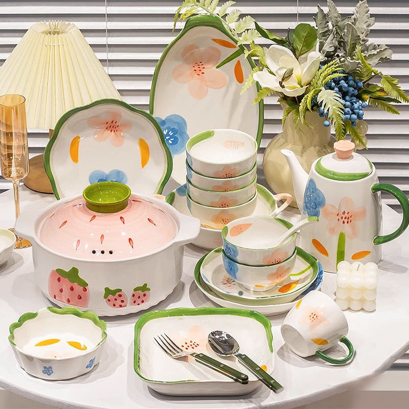 開發票 餐具 莫奈花園陶瓷碗碟套裝高顏值釉下彩餐具家用喬遷搬家湯飯碗菜盤子
