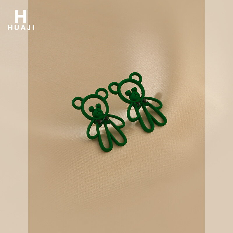 花跡可愛綠色小熊耳環女韓國時尚氣質網紅耳飾小眾設計感高級耳釘