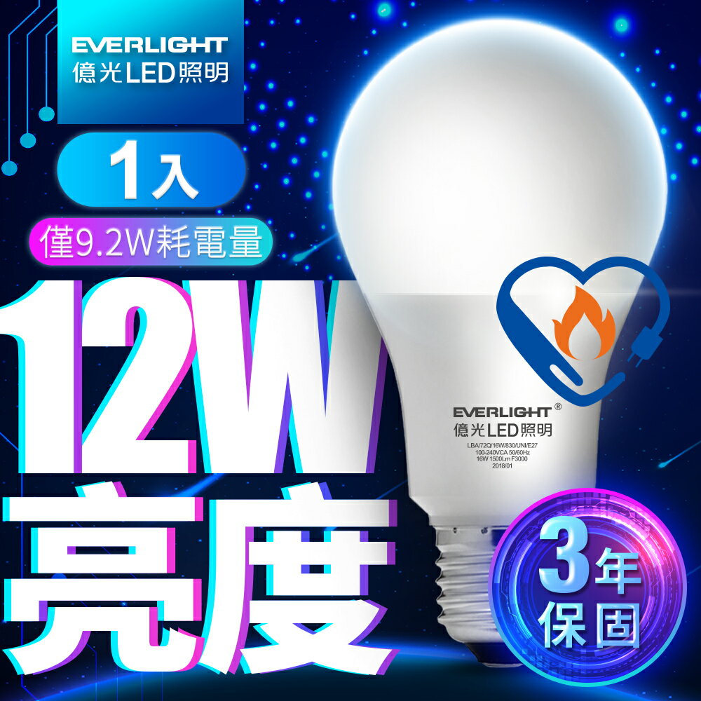 【Everlight 億光】1入組 9.2W/12W/12.2W 超節能plus LED燈泡 BSMI 節能標章 3年保固(白光/黃光)