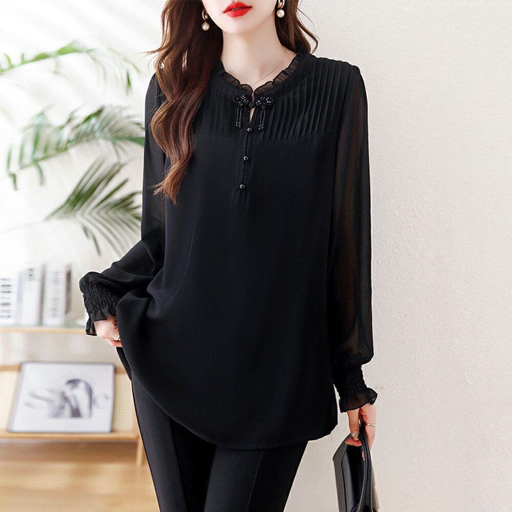 ＊ORead＊韓版折編裝飾開襟雪紡衫(黑色L~5XL)【限定加碼✿全館滿額再折】