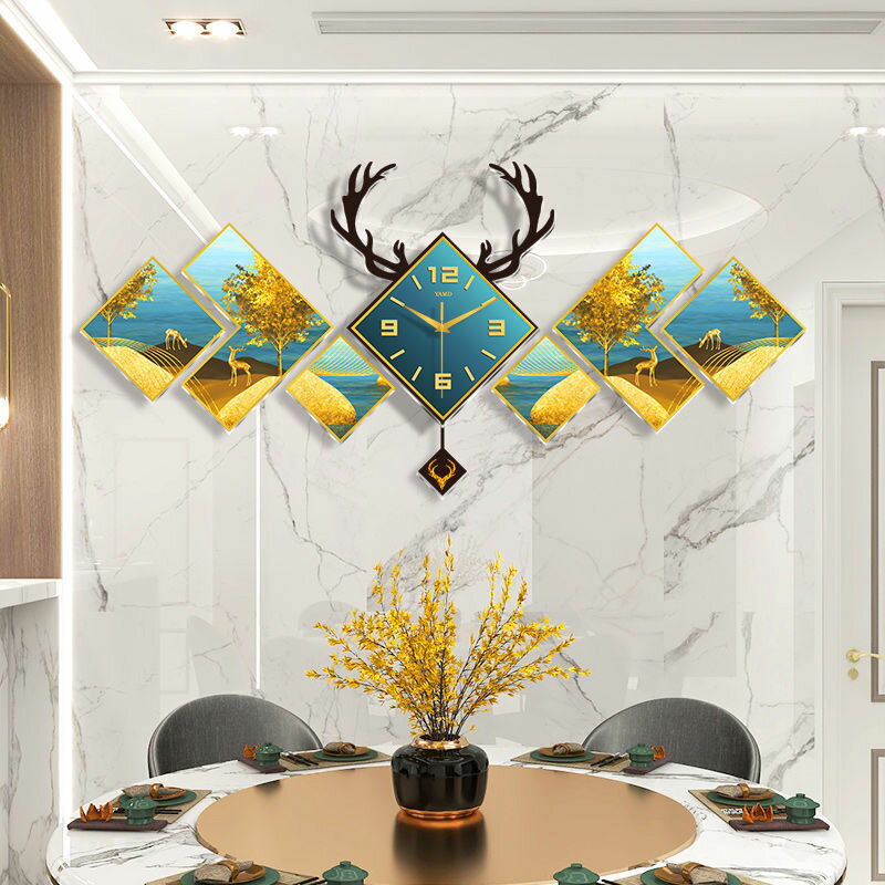 鐘表客廳家用裝飾麋鹿創意北歐式背景墻壁畫夜光高檔掛鐘