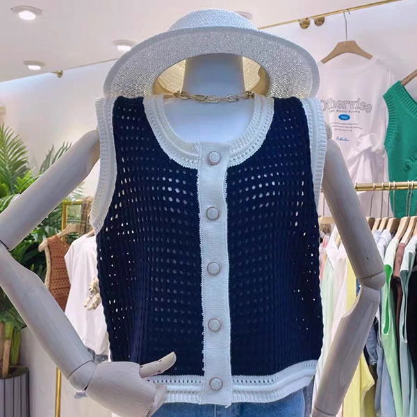 ANNAS 正韓 小香 洞洞 背心 無袖 上衣 針織衫 條紋 外套 外搭 金屬釦 珍珠釦 韓國 2