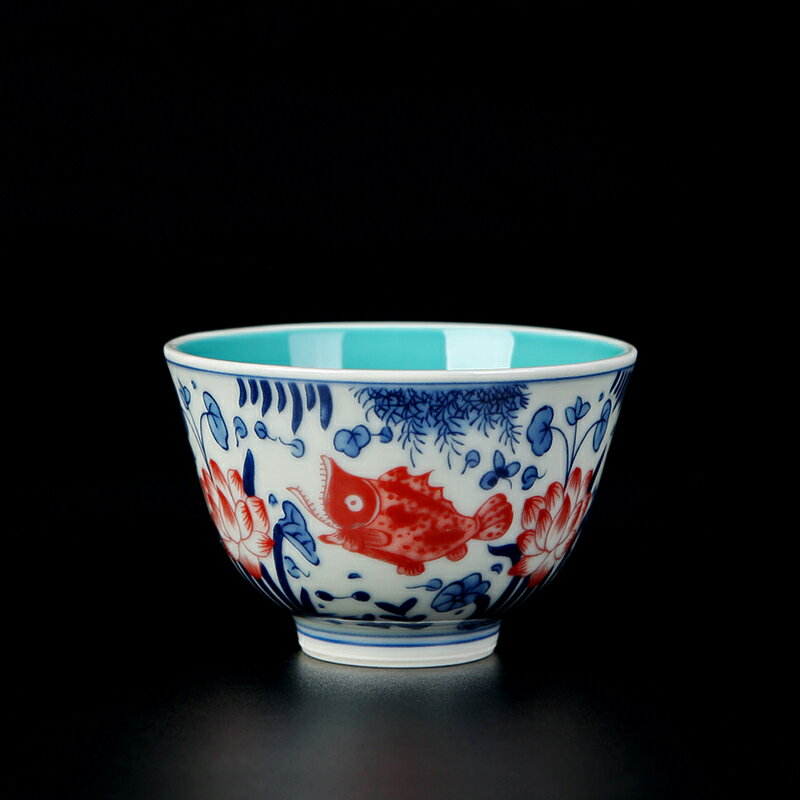 仿古青花瓷 魚藻紋主人杯 單杯釉里紅個人專用茶盞陶瓷單個品茗杯