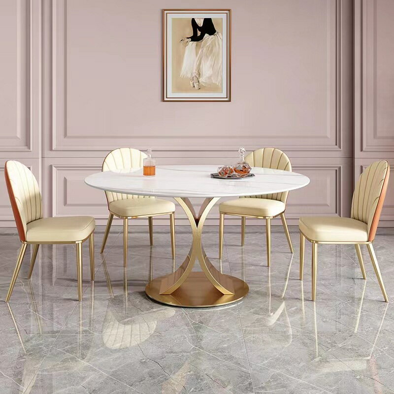 輕奢現代簡約巖板餐桌椅組合家用大小戶型意式亮光圓形客廳吃飯桌