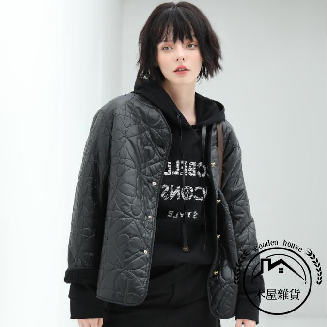 輕奢幾何絎縫輕型棉服外套女時尚裸領保暖棒球服【木屋雜貨】