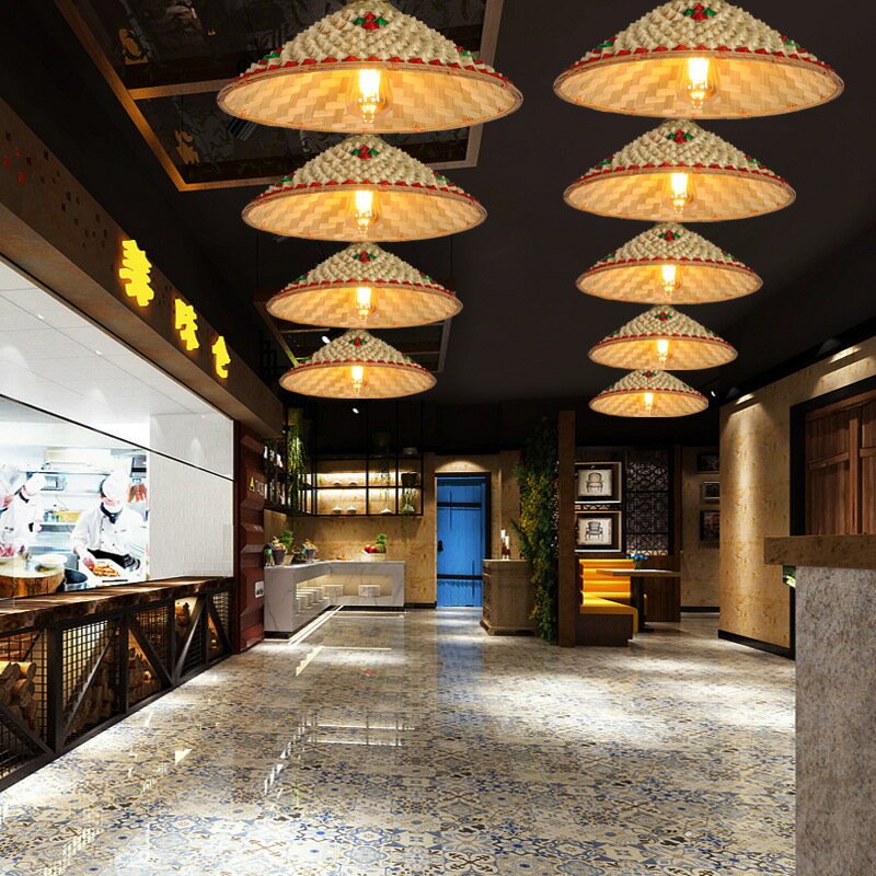 草帽吊燈創意餐廳竹編復古民宿農莊農家樂火鍋店個性斗笠燈罩燈具【博野五金】