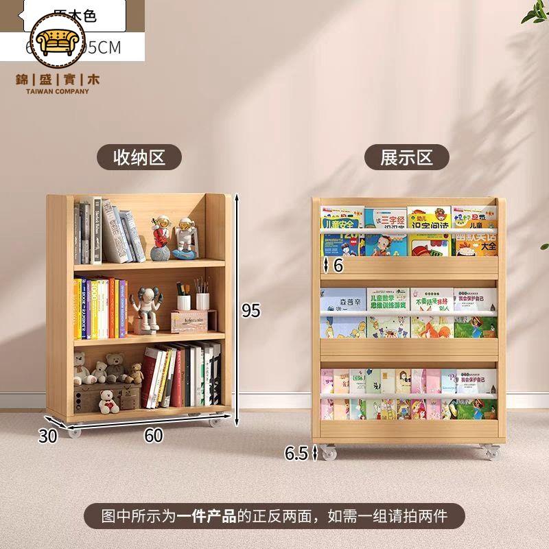 可打統編 免運 全實木兒童書架移動小書櫃雙面旋轉置物架落地家用書報架帶輪收納