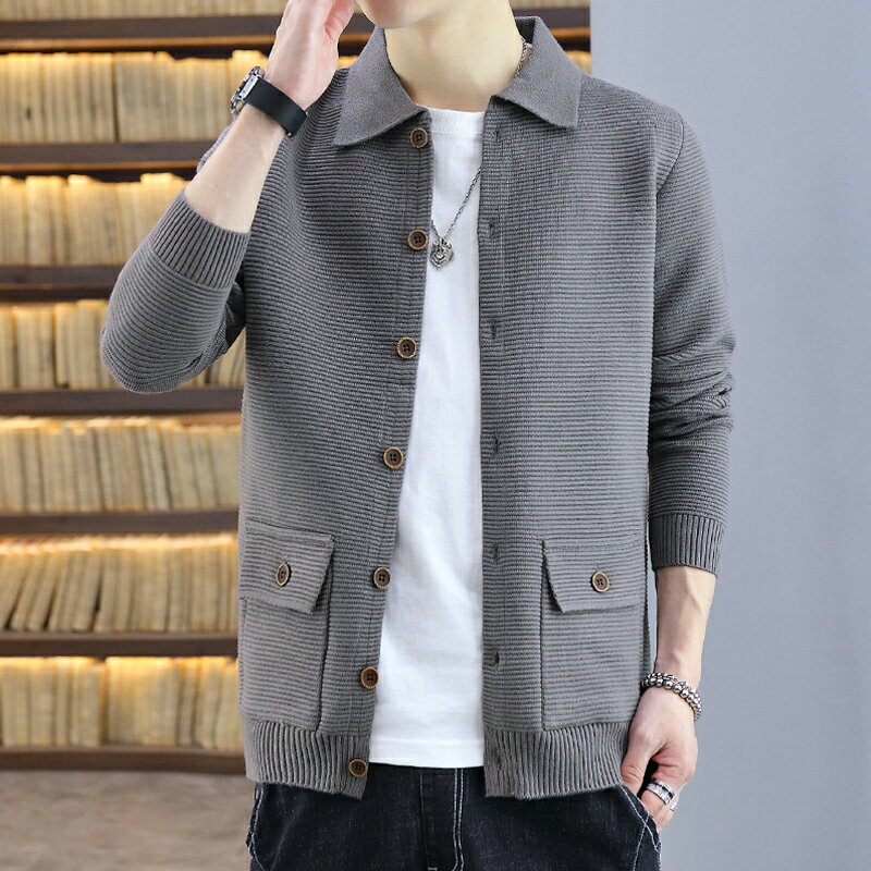 男士針織開衫秋季新款韓版潮流帶領毛衣潮流帥氣薄款線衣外套