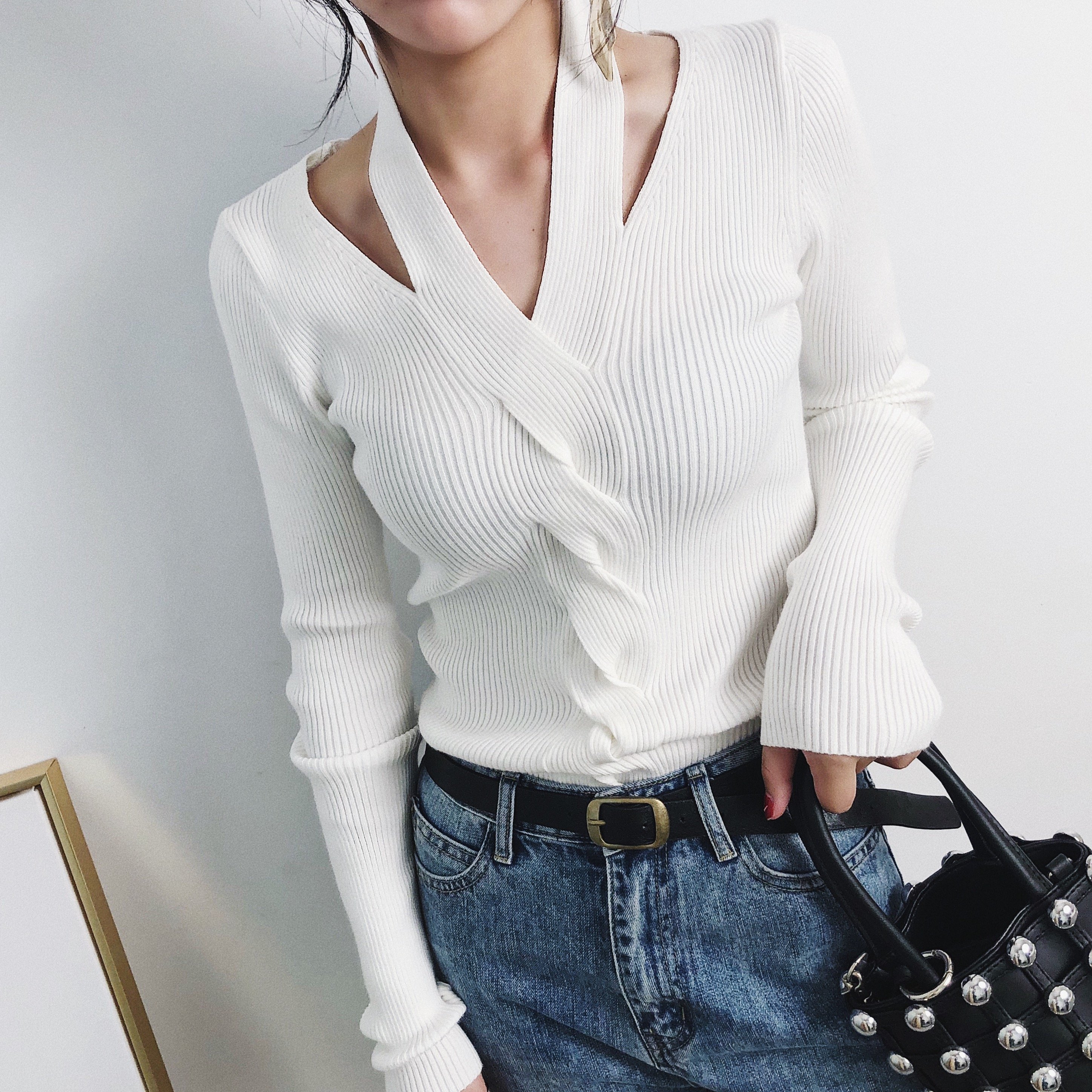 FINDSENSE品牌 秋季 新款 韓國原裝 女 性感 顯瘦 掛脖 V領 針織 長袖 上衣 潮流毛衣上衣