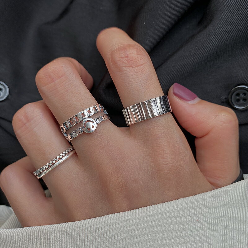 925純銀復古做舊笑臉戒指女ins潮小眾設計時尚雙層食指戒個性開口 4