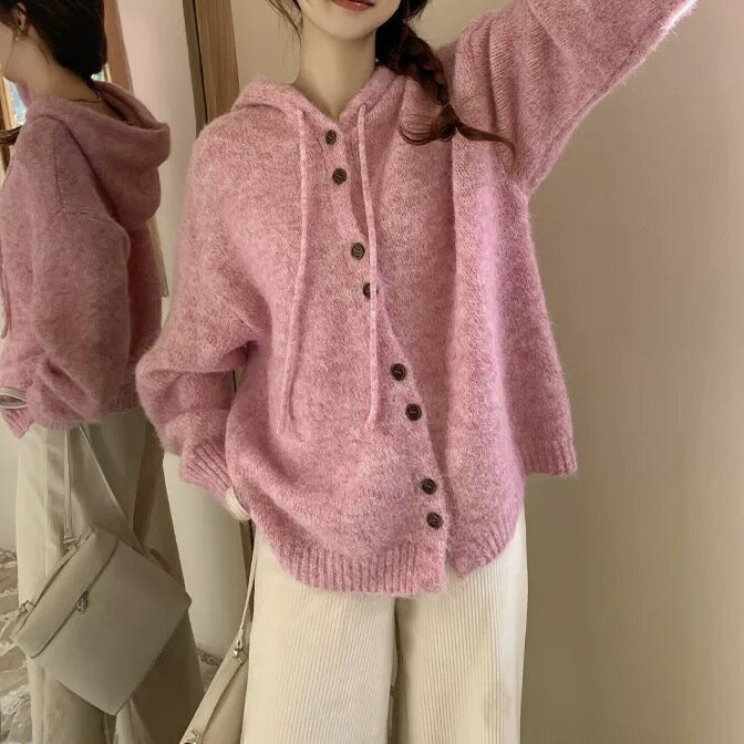 針織外套 慵懶風女裝 針織外套 慵懶風 寬鬆毛衣 珍黛妮秋冬韓系慵懶風連帽針織開衫外套寬鬆百搭純色毛衣上衣女 治裝激推 5