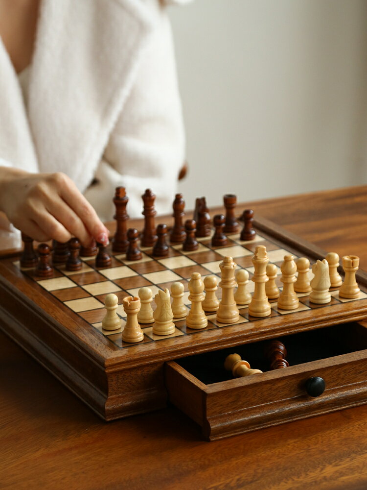 象棋 國際象棋 國際象棋木質磁性套裝抽屜款高檔胡桃木實木沙比利棋盒chess收藏玩具交換禮物