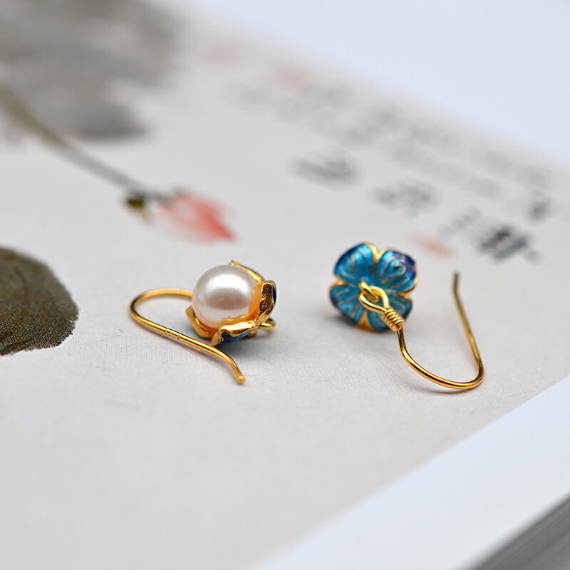 925純銀鎏金荷葉配珍珠景泰藍燒藍古典古風中國風銀耳環耳飾配盒
