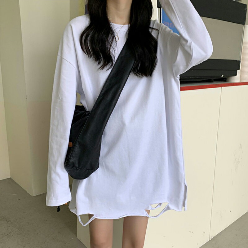 高階感破洞長袖t恤女春秋寬松韓版ins設計感小眾oversize打底上衣
