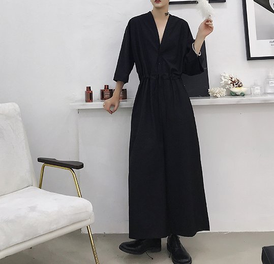 FINDSENSE H1 2018 夏季 新款 男 日本設計師款 高品質V領 高腰褲腿 簡約氣質連體褲  獨家款