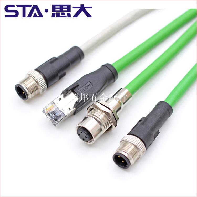 以太網M12防水連接器4芯D-code編碼轉RJ45連接線百兆網路cat5電纜[領邦五金配件]