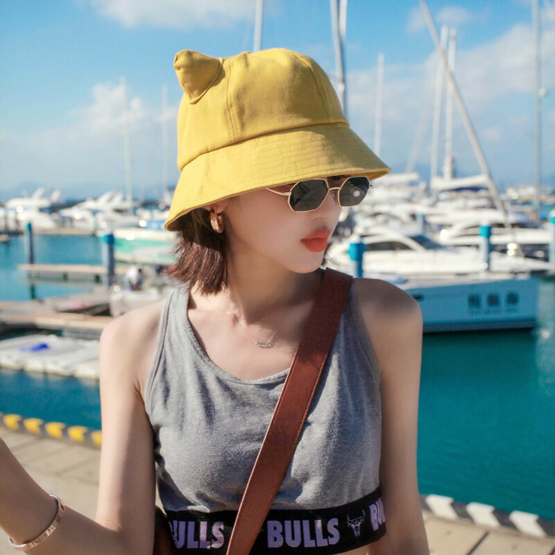 夏天黃色帶耳朵的帽子可愛漁夫帽女夏季小沿盆帽遮陽夏季日系百搭1入