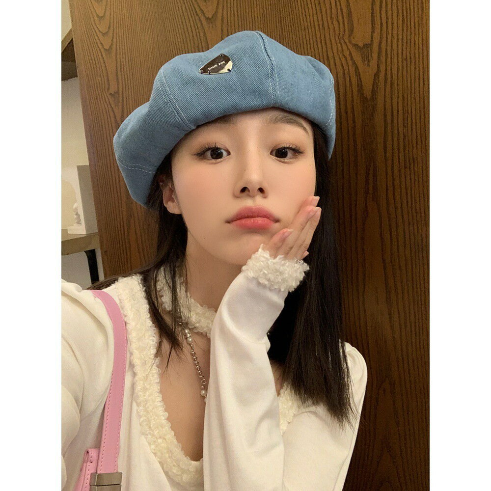 百搭款日系牛仔貝雷帽女春季大頭圍復古雲朵八角蓓蕾畫家帽