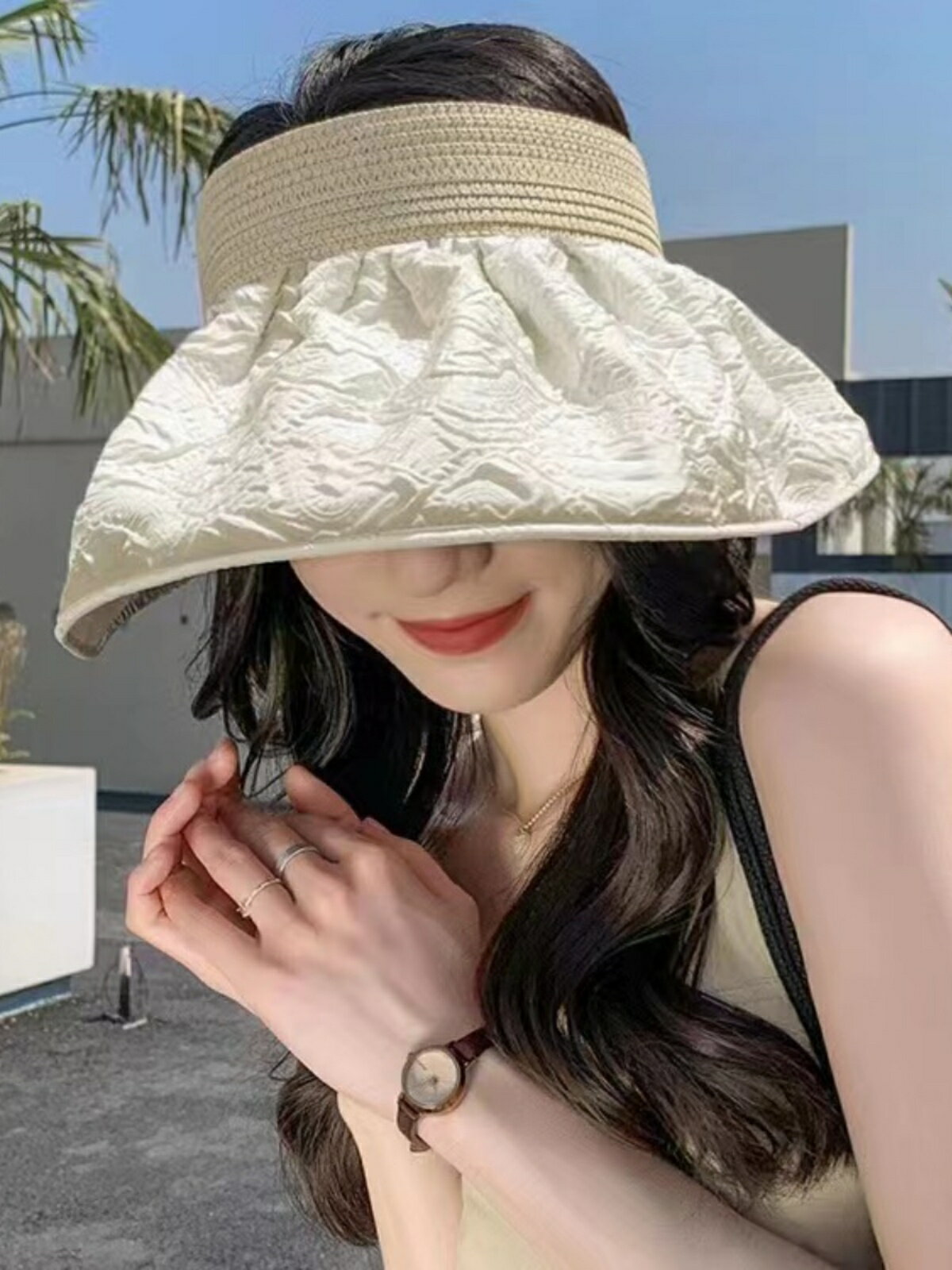 夏季防曬遮陽帽女防紫外線空頂發箍時尚遮臉太陽帽休閑戶外出游