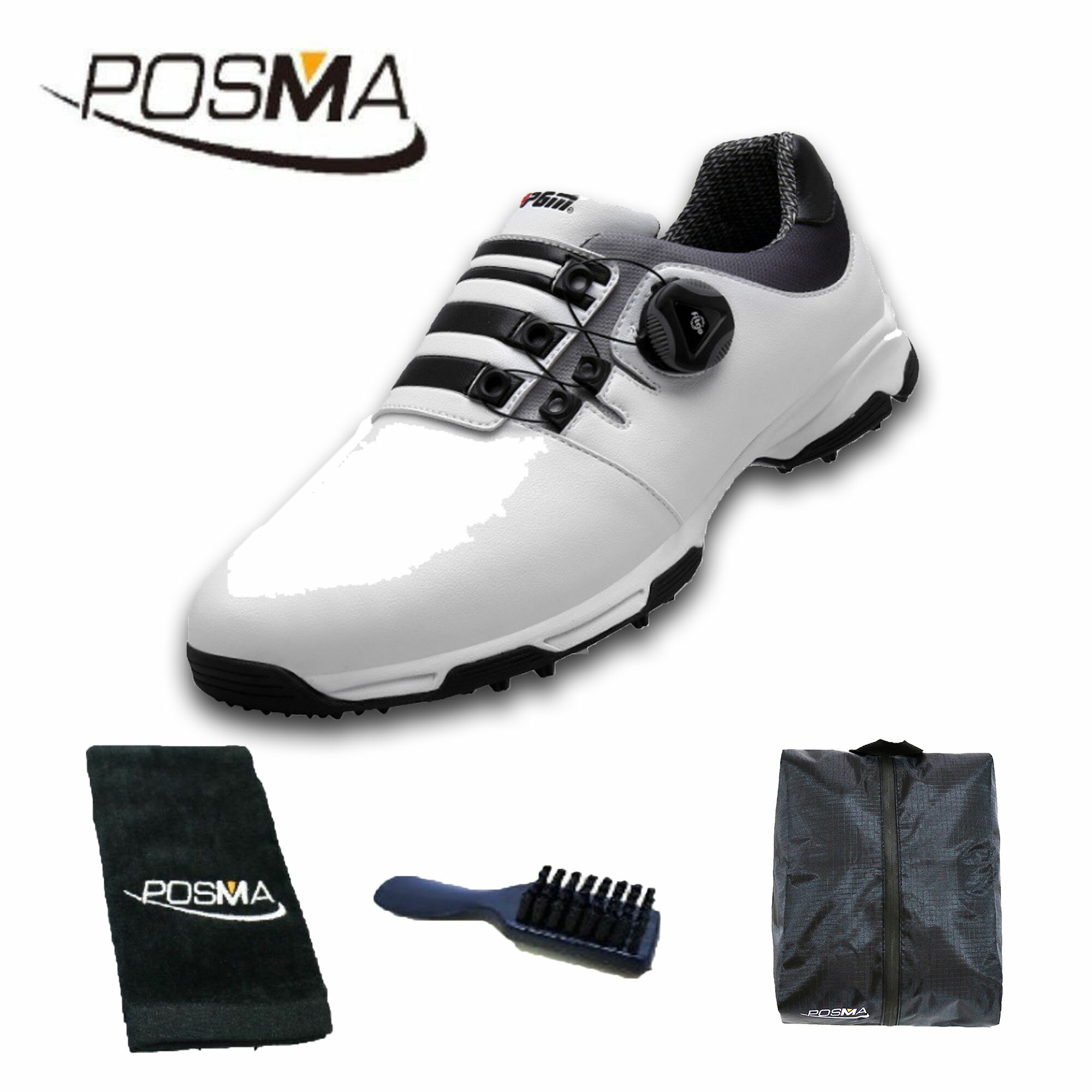 高爾夫球鞋 男士防水鞋子 pgm 旋轉鞋扣運動鞋 GSH093 白 黑 配POSMA鞋包 2合1清潔刷  高爾夫球毛巾