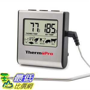 [4美國直購] ThermoPro TP-16 燒烤用探針式溫度計 LCD 0-300度 溫度顯示 含計時器 不鏽鋼探頭 廚房肉類BBQ Grill Thermometer_CB2