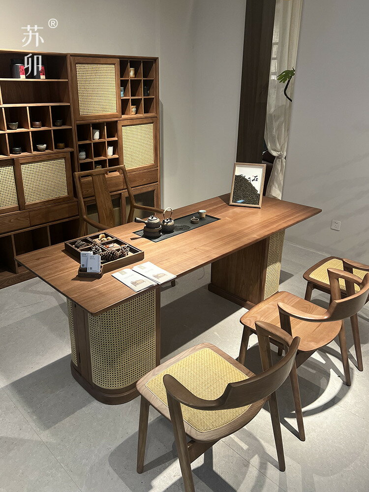 {可打統編 最低價}蘇卯新中式茶桌椅組閤家用茶室新款藤編簡約高階大氣實木泡茶臺
