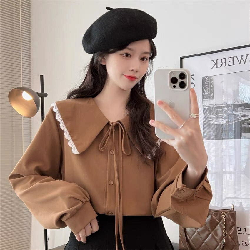 女裝 蝴蝶結係帶娃娃領白色襯衫 女生休閒襯衫 寬鬆大尺碼上衣 襯衫女 複古長袖襯衫 內搭 設計感上衣 法式甜美上衣