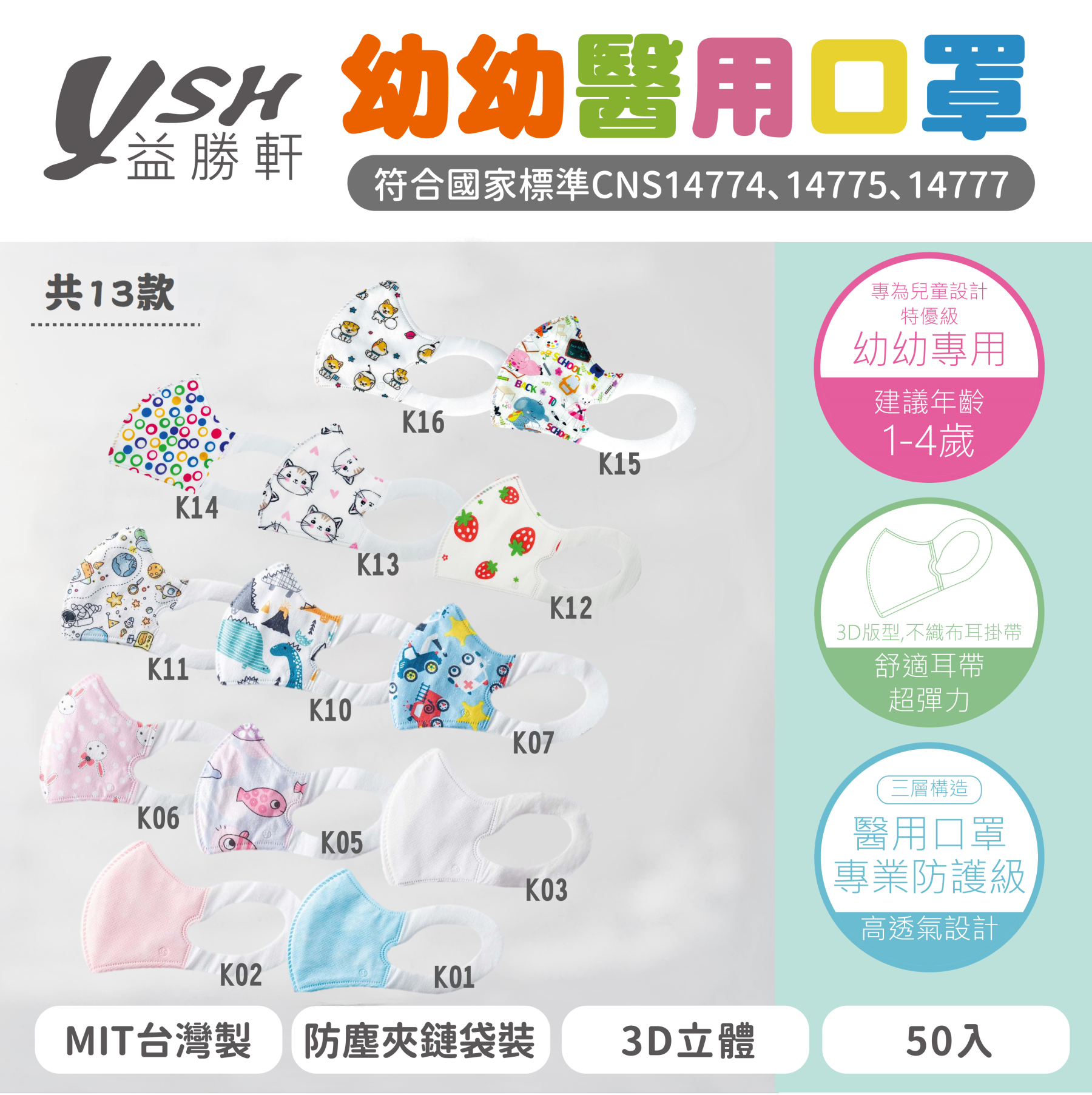 【快速出貨】益勝軒 幼幼3D立體醫療口罩  MIT台灣製 50入/盒  1~4歲  附防塵夾鏈袋包裝