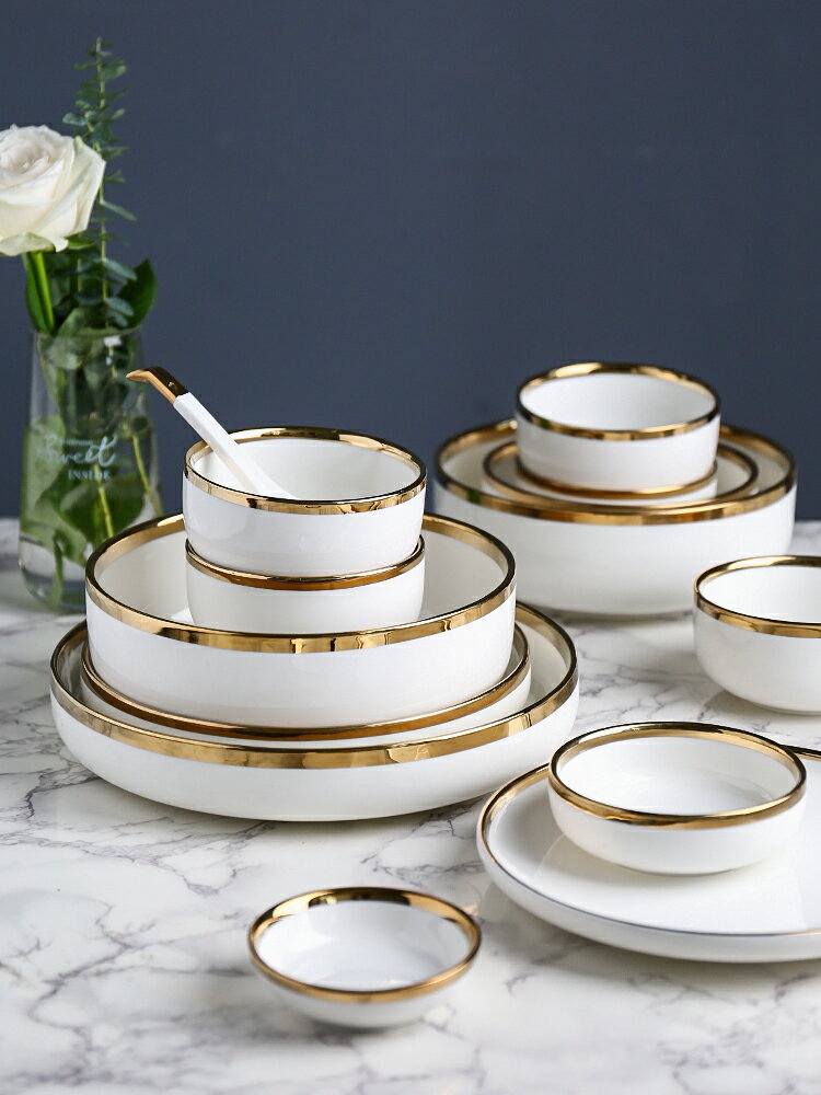 歐式高檔金邊陶瓷餐具湯碗飯碗面碗菜盤子網紅碗碟套裝家用【摩可美家】