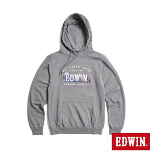 EDWIN 露營系列 富士山刺繡LOGO連帽長袖T恤-男款 灰褐色 #換季折扣