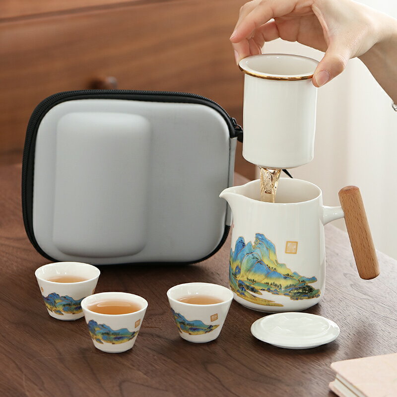 羊脂玉瓷旅行功夫茶具套裝家用戶外便攜包茶水分離德化白瓷快客杯 茶具組 泡茶器具