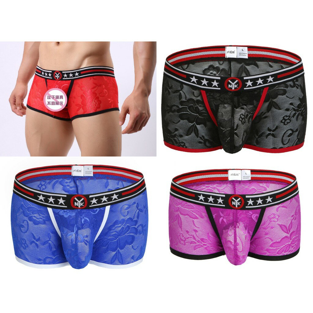 男士內褲 網紗提花 男士平口內褲 四角褲 性感情趣 半透明 透氣四角褲 低腰內褲 4