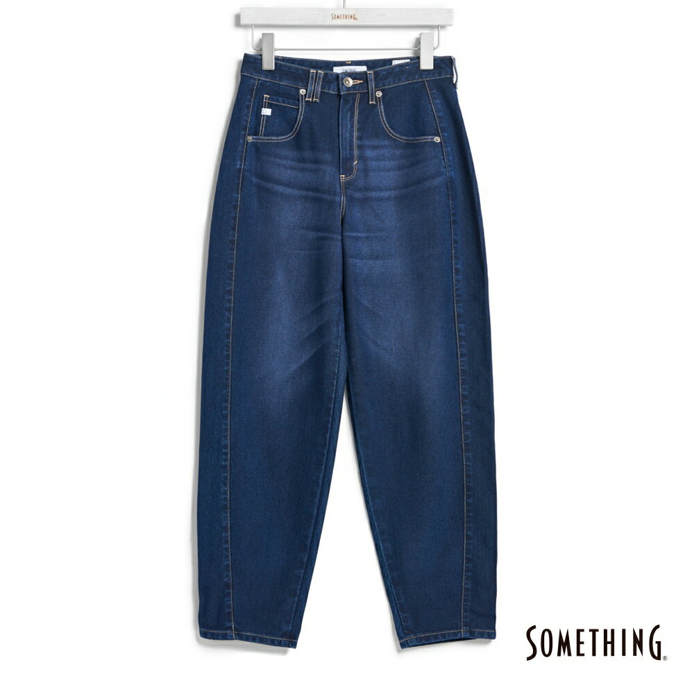 SOMETHING 高腰針織丹寧鐘型牛仔褲-女款 酵洗藍