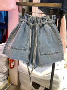 韓國夏季牛仔短褲女熱褲高腰顯瘦系帶花苞闊腿褲子