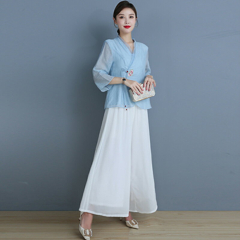 漢服改良唐裝上衣中國風女裝春夏新款刺繡小衫中式盤扣禪意茶服