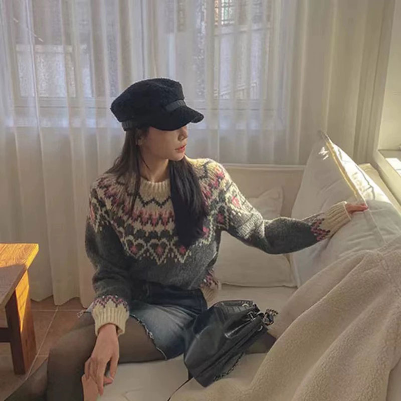 ANNAS 粉色聖誕毛衣 復古編織圖騰針織衫 愛心花紋可愛慵懶少女風 4