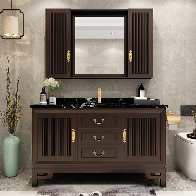 新式橡木落地式浴室櫃大理石麵實木洗漱盆洗臉盆浴室櫃組合