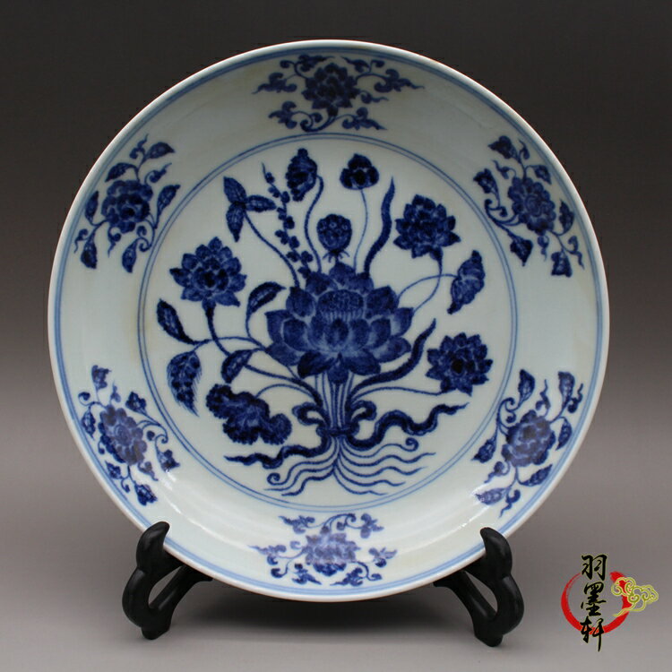大明宣德青花一把蓮 圓盤 手繪精品 古玩古董陶瓷器 仿古收藏擺件