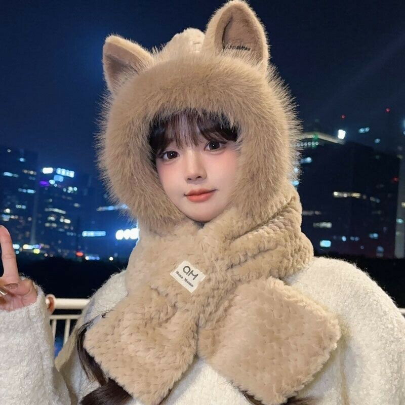 可愛雷鋒狐狸帽子 耳朵 圍巾加厚一體 毛絨冬季保暖護耳帽 圍脖秋冬季帽子
