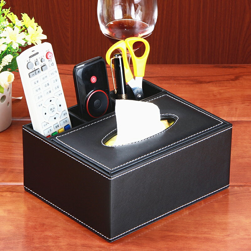 小款皮革黑  歐式桌面 皮質多功能收納盒 遙控器 面紙 手機收納