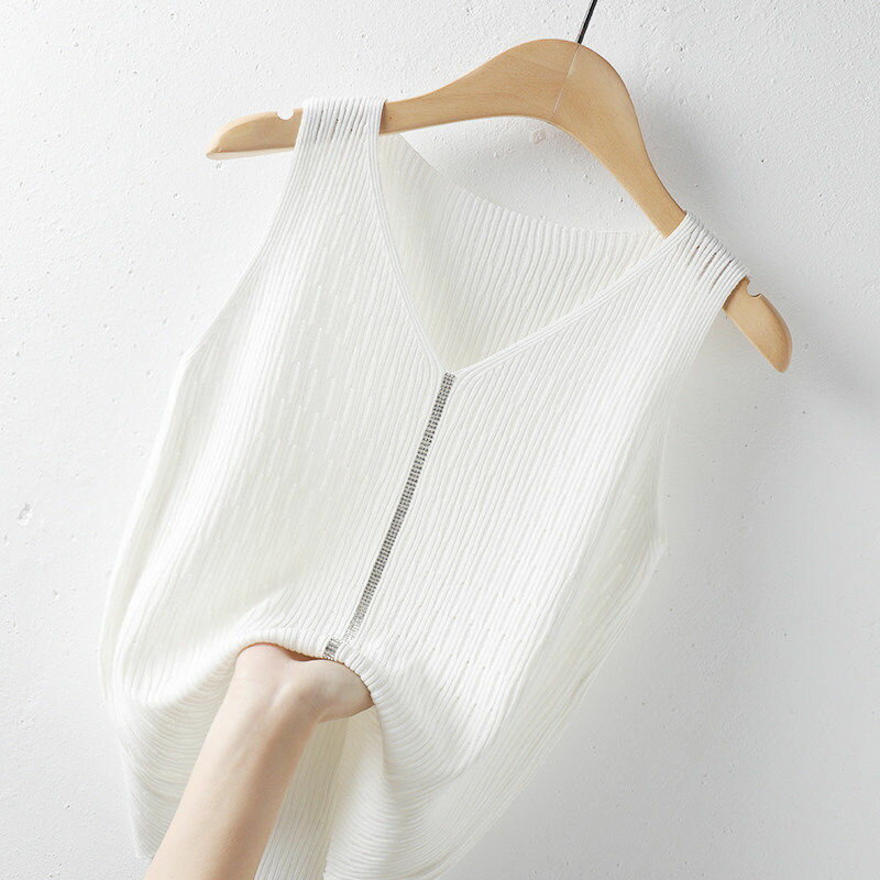 現貨+預購 針織背心無袖T恤-冰絲燙鑽純色V領女上衣3色74kx45【獨家進口】【米蘭精品】